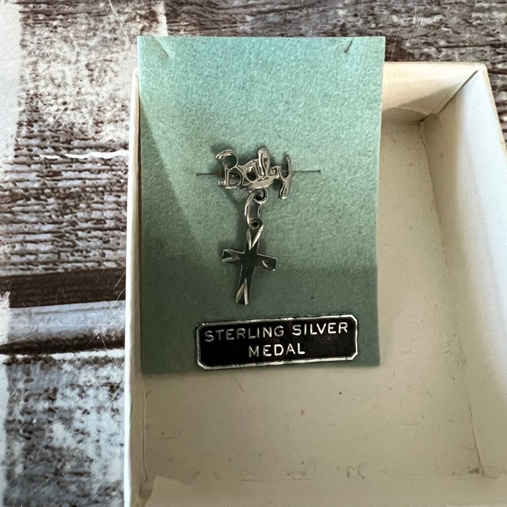 Vintage Baby Cross Medal Pin Sterling Silver